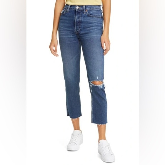 Re/done '70S Ripped High Waist Ankle Stovepipe Jeans in Dark Worn 2 - Picture 1 of 14